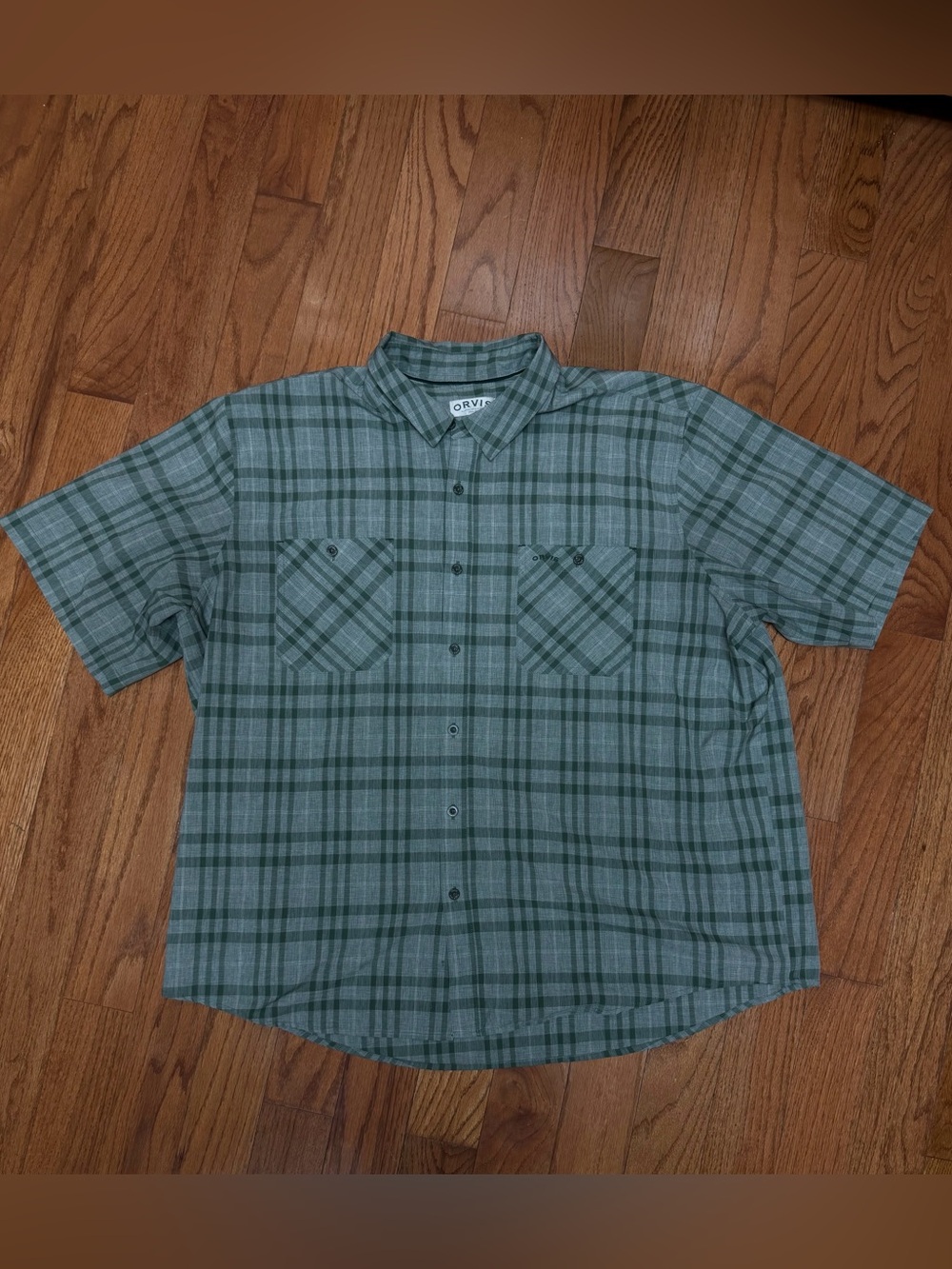 Orvis Men’s Gray/Green Striped/Checked  Short Sleeve Button-Up Shirt  XXXL (3XL)